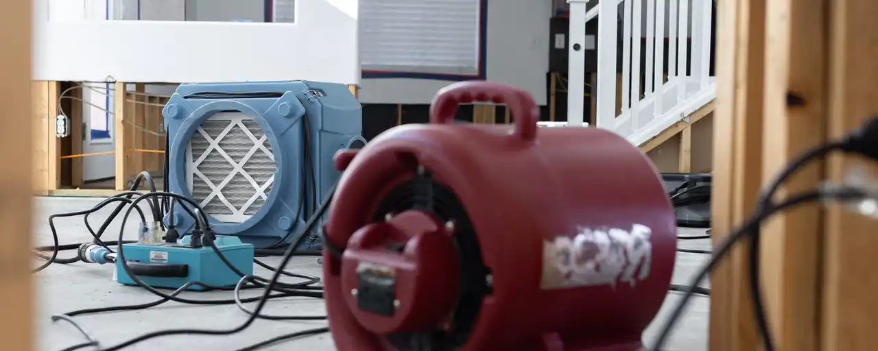 An air mover and an air scrubber running in a home with the lower drywall cut away during water damage drying