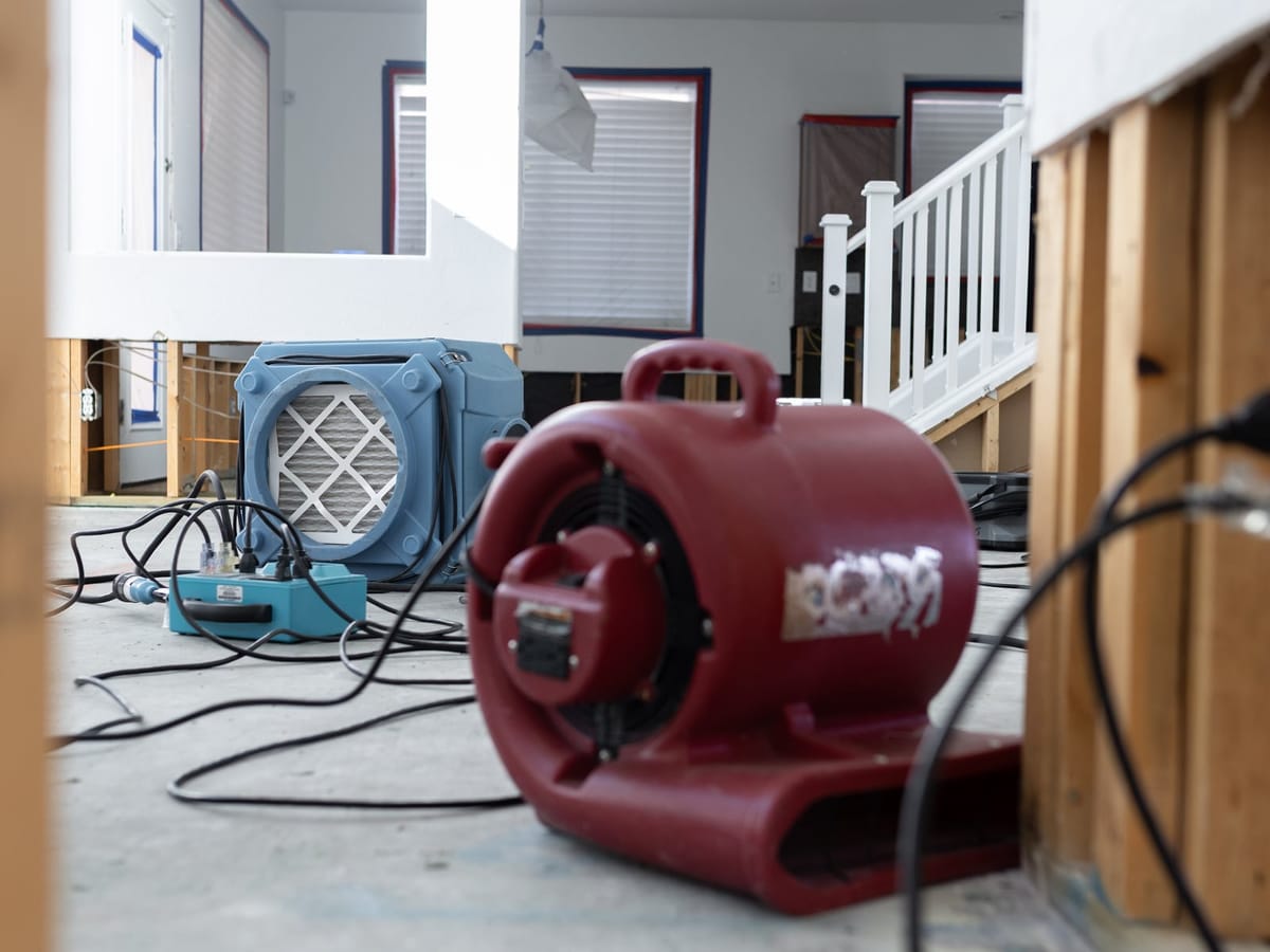 Air mover and dehumidifier drying a Gilbert home after a water loss