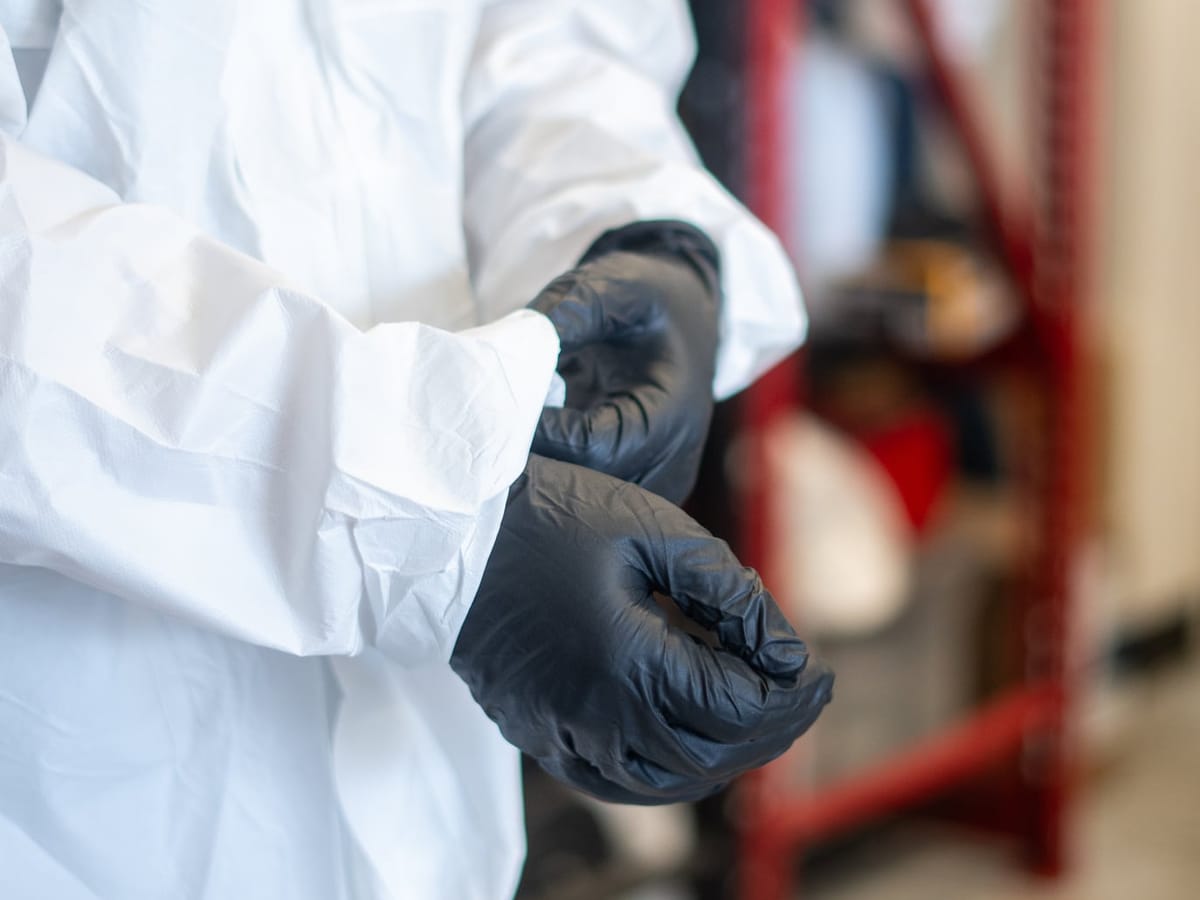 Fast Track technician in protective suit and gloves before mold remediation